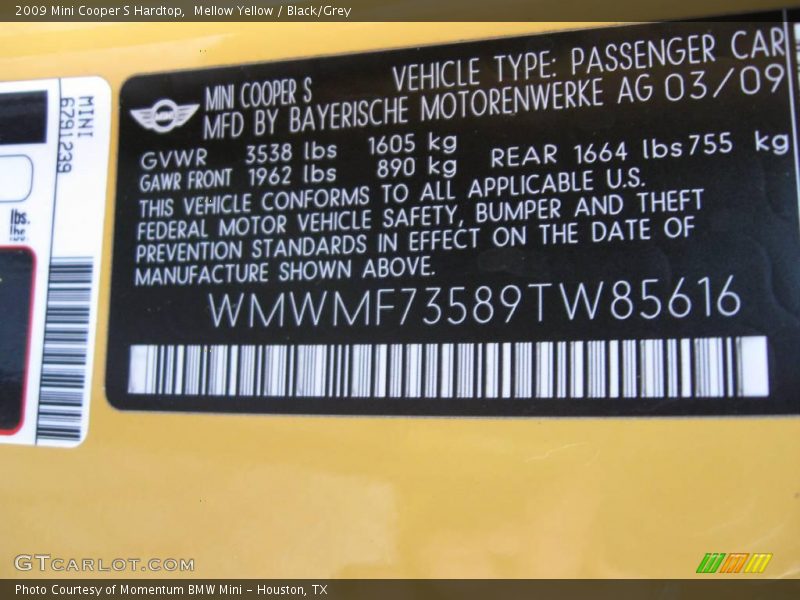 Mellow Yellow / Black/Grey 2009 Mini Cooper S Hardtop