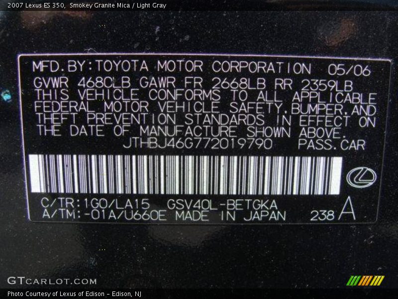 Smokey Granite Mica / Light Gray 2007 Lexus ES 350