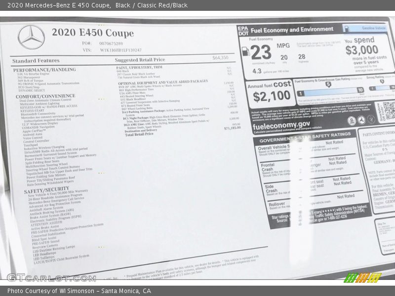  2020 E 450 Coupe Window Sticker