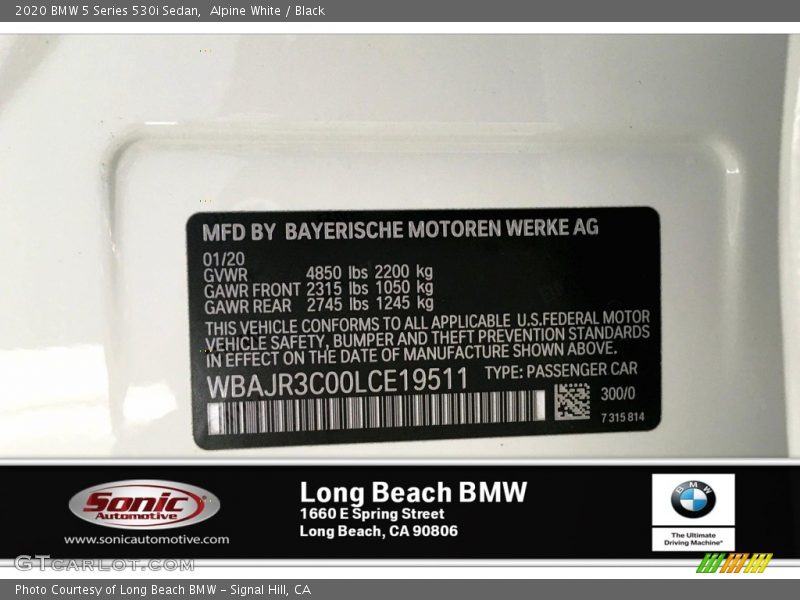 Alpine White / Black 2020 BMW 5 Series 530i Sedan