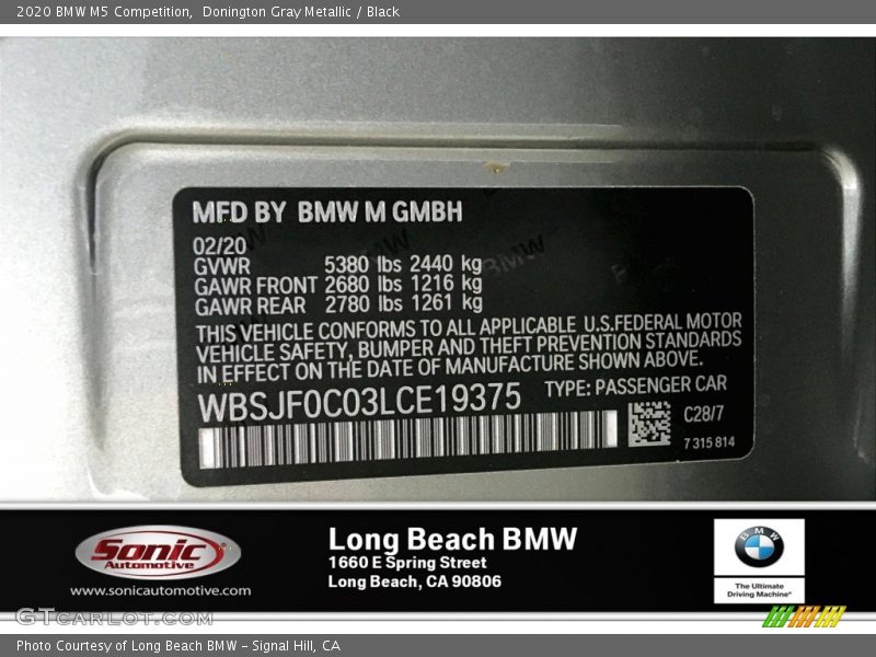 Donington Gray Metallic / Black 2020 BMW M5 Competition