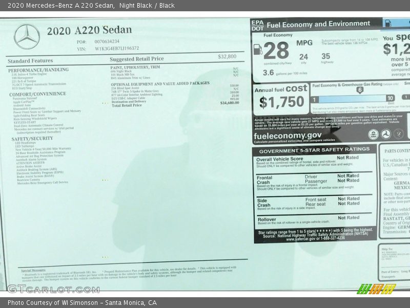  2020 A 220 Sedan Window Sticker