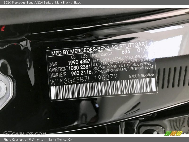 2020 A 220 Sedan Night Black Color Code 696