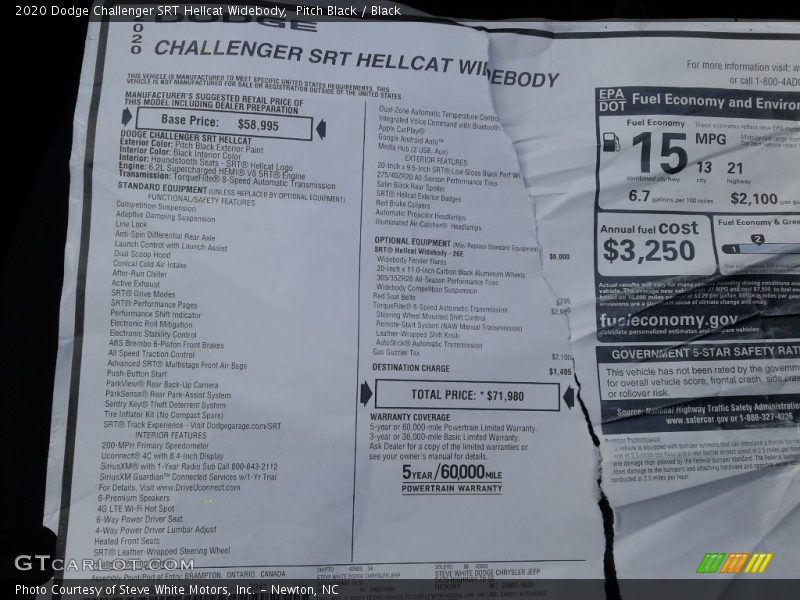  2020 Challenger SRT Hellcat Widebody Window Sticker