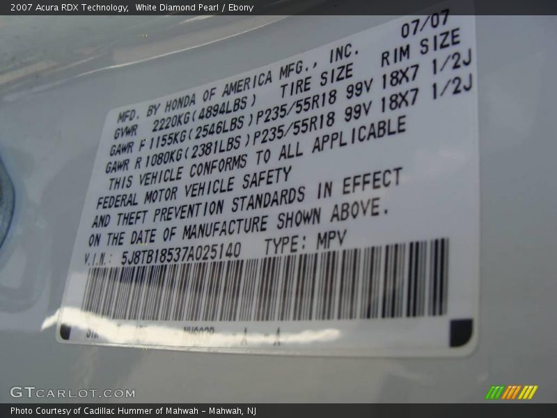 White Diamond Pearl / Ebony 2007 Acura RDX Technology