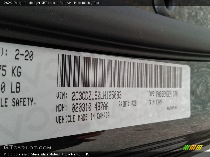 2020 Challenger SRT Hellcat Redeye Pitch Black Color Code PX8