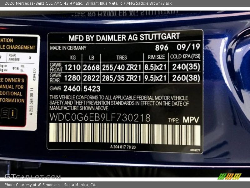 2020 GLC AMG 43 4Matic Brilliant Blue Metallic Color Code 896