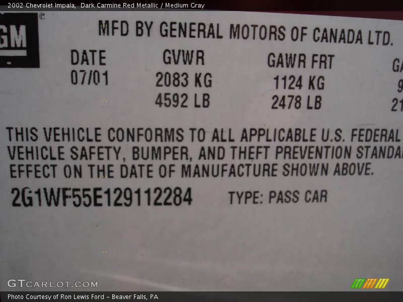 Dark Carmine Red Metallic / Medium Gray 2002 Chevrolet Impala