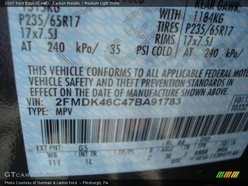 Carbon Metallic / Medium Light Stone 2007 Ford Edge SE AWD