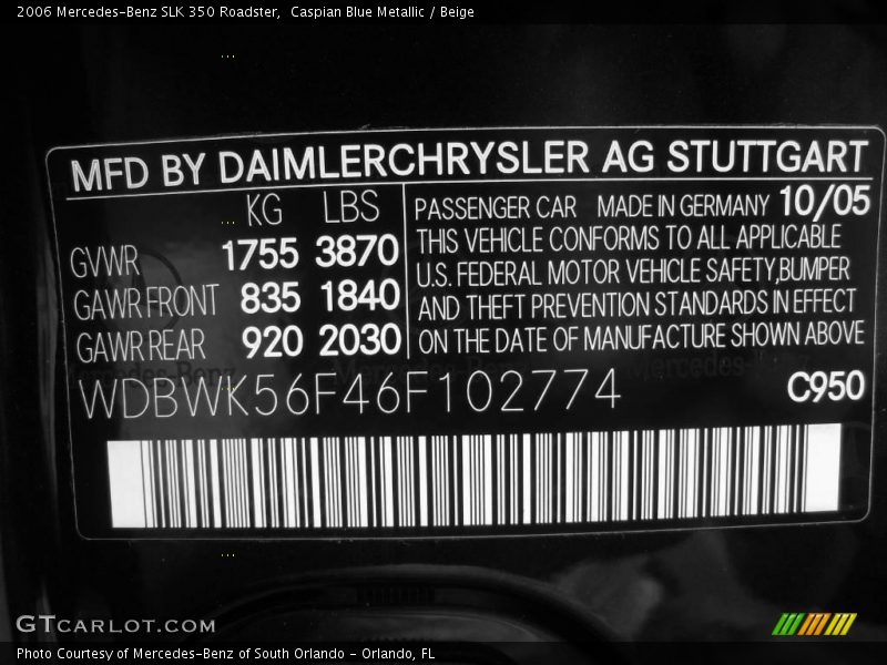 Caspian Blue Metallic / Beige 2006 Mercedes-Benz SLK 350 Roadster