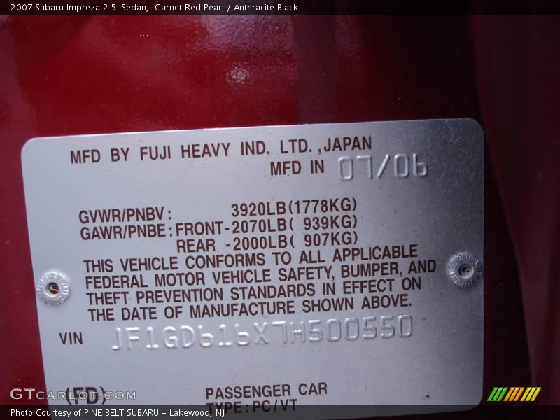 Garnet Red Pearl / Anthracite Black 2007 Subaru Impreza 2.5i Sedan