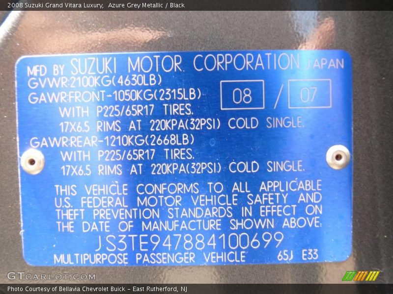Azure Grey Metallic / Black 2008 Suzuki Grand Vitara Luxury