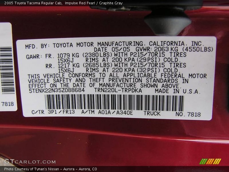 Impulse Red Pearl / Graphite Gray 2005 Toyota Tacoma Regular Cab