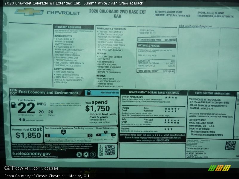 Summit White / Ash Gray/Jet Black 2020 Chevrolet Colorado WT Extended Cab