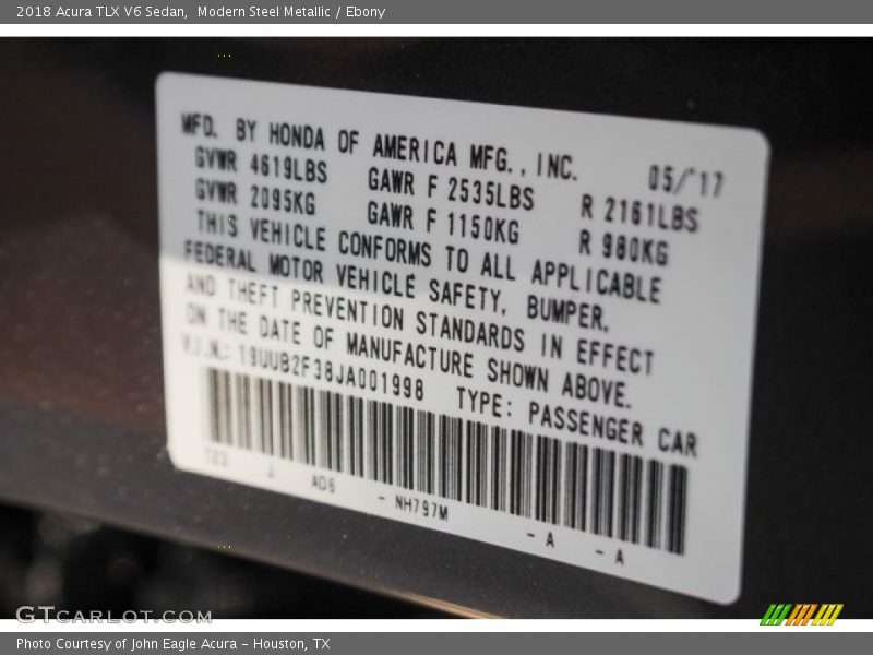 Modern Steel Metallic / Ebony 2018 Acura TLX V6 Sedan