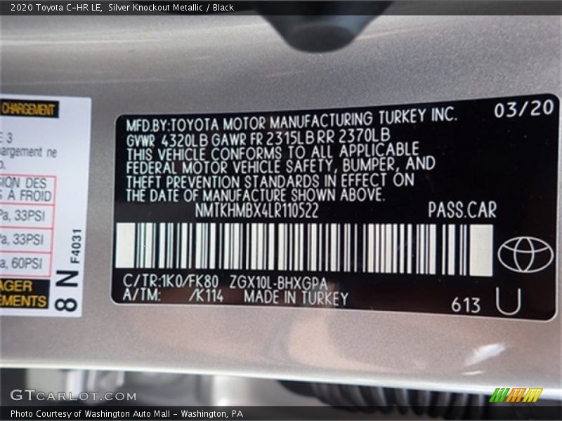 Silver Knockout Metallic / Black 2020 Toyota C-HR LE