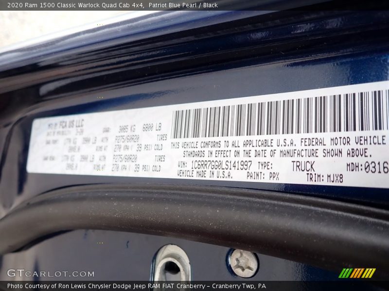 2020 1500 Classic Warlock Quad Cab 4x4 Patriot Blue Pearl Color Code PPX