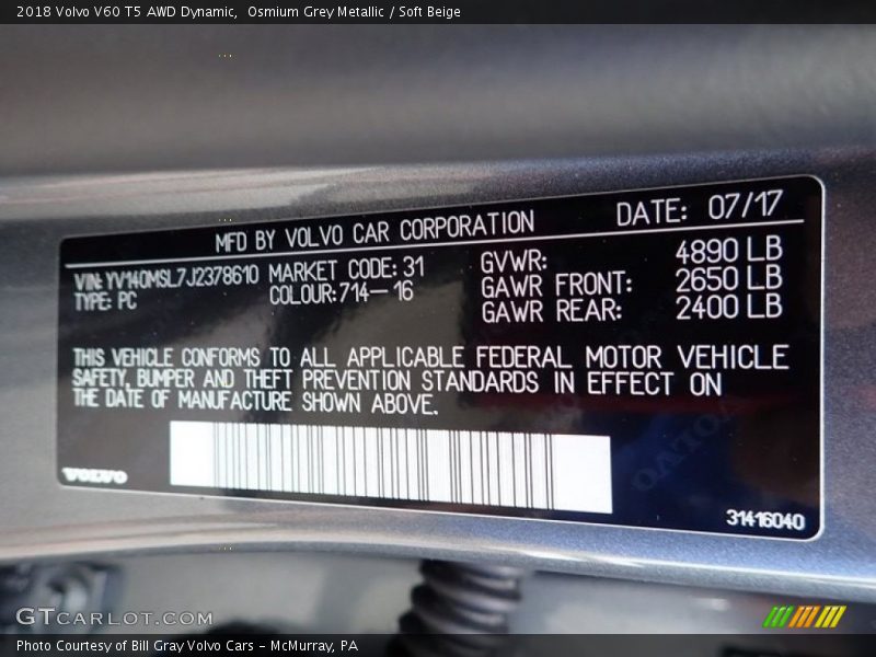 Osmium Grey Metallic / Soft Beige 2018 Volvo V60 T5 AWD Dynamic