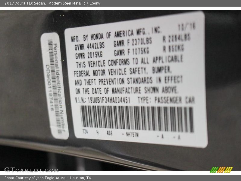 2017 TLX Sedan Modern Steel Metallic Color Code NH797M