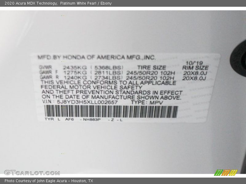 Platinum White Pearl / Ebony 2020 Acura MDX Technology