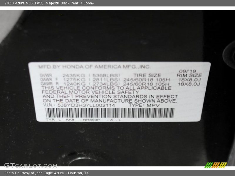 Majestic Black Pearl / Ebony 2020 Acura MDX FWD