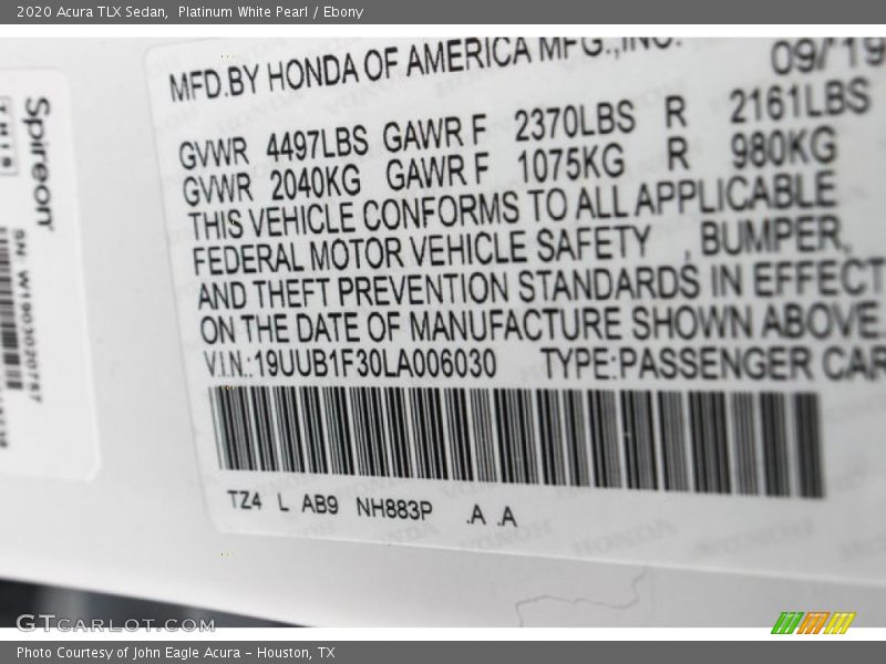 Platinum White Pearl / Ebony 2020 Acura TLX Sedan