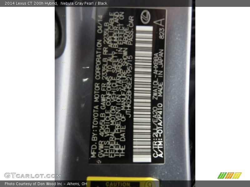 2014 CT 200h Hybrid Nebula Gray Pearl Color Code 2LL