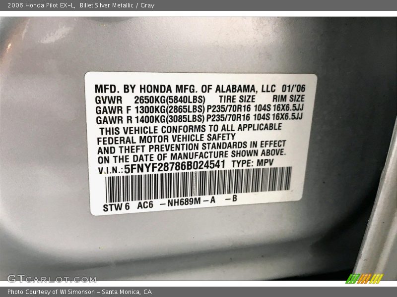 Billet Silver Metallic / Gray 2006 Honda Pilot EX-L