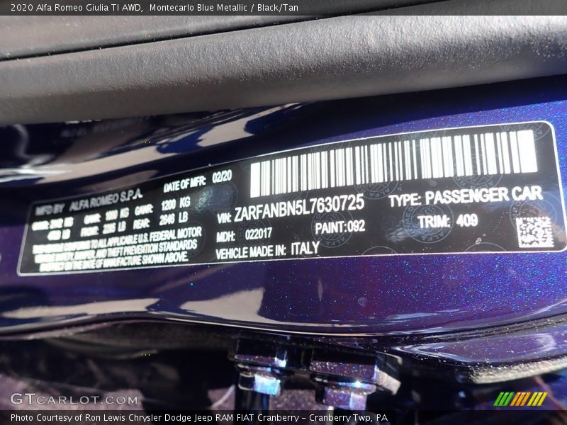 2020 Giulia TI AWD Montecarlo Blue Metallic Color Code 092