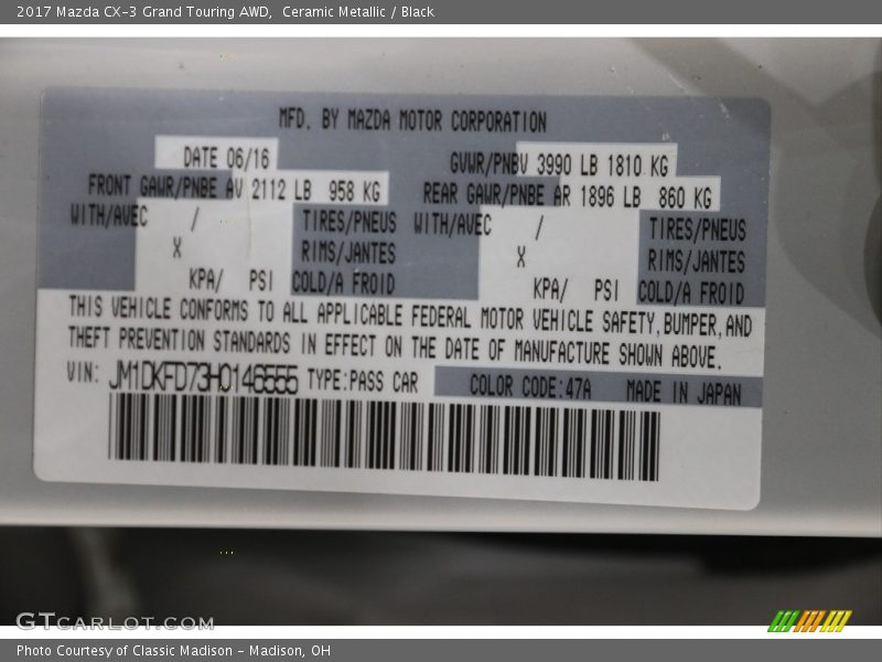 2017 CX-3 Grand Touring AWD Ceramic Metallic Color Code 47A