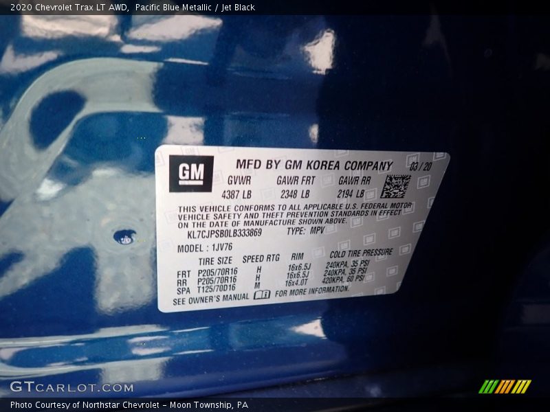 Pacific Blue Metallic / Jet Black 2020 Chevrolet Trax LT AWD