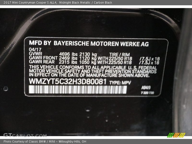 Midnight Black Metallic / Carbon Black 2017 Mini Countryman Cooper S ALL4