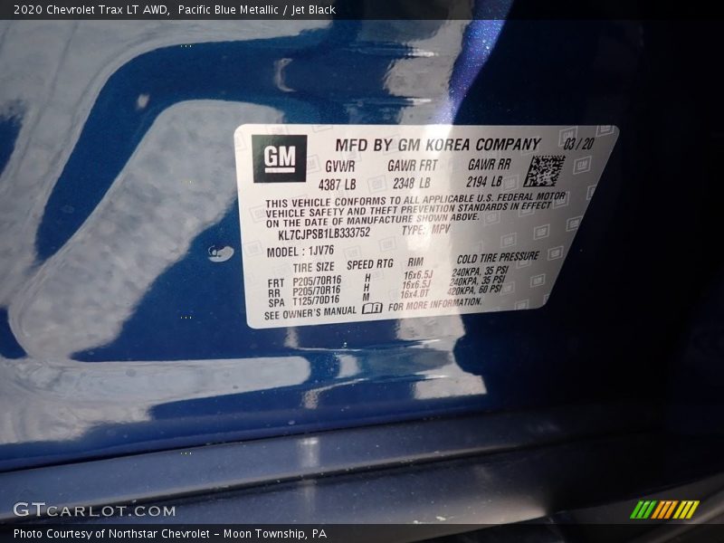 Pacific Blue Metallic / Jet Black 2020 Chevrolet Trax LT AWD