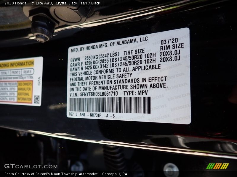 Crystal Black Pearl / Black 2020 Honda Pilot Elite AWD