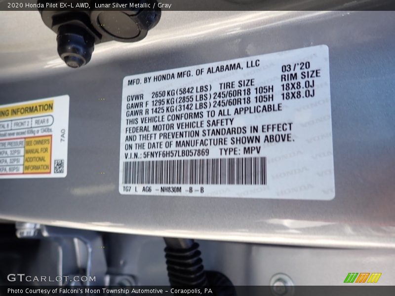 Lunar Silver Metallic / Gray 2020 Honda Pilot EX-L AWD