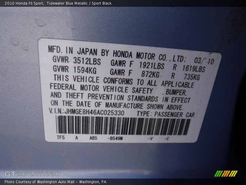 Tidewater Blue Metallic / Sport Black 2010 Honda Fit Sport