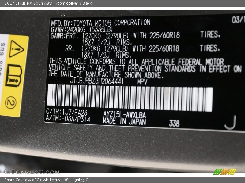 2017 NX 300h AWD Atomic Silver Color Code 1J7