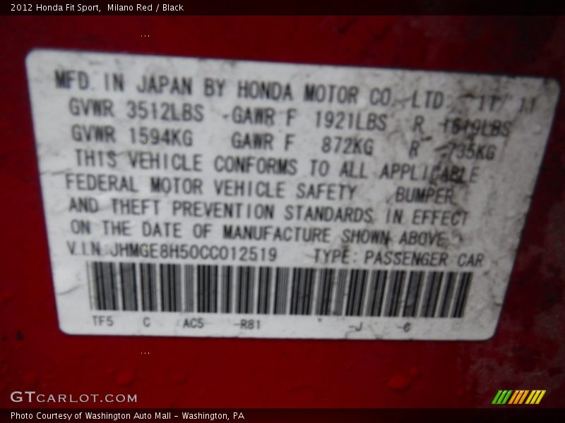 Milano Red / Black 2012 Honda Fit Sport