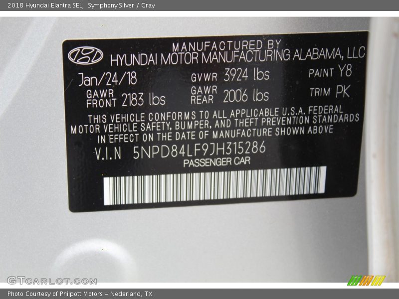 Symphony Silver / Gray 2018 Hyundai Elantra SEL