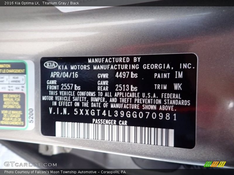 Titanium Gray / Black 2016 Kia Optima LX