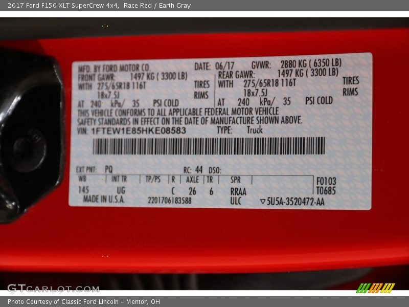 2017 F150 XLT SuperCrew 4x4 Race Red Color Code PQ