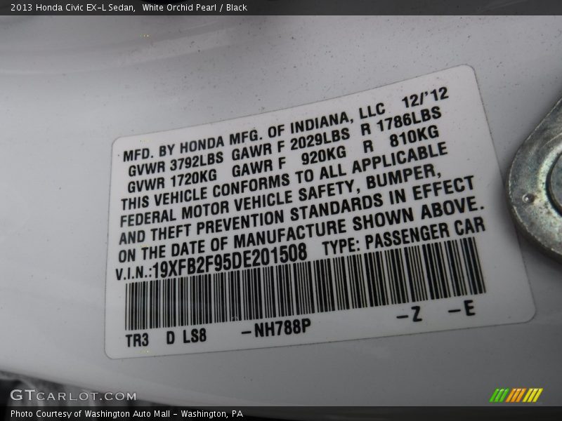 White Orchid Pearl / Black 2013 Honda Civic EX-L Sedan