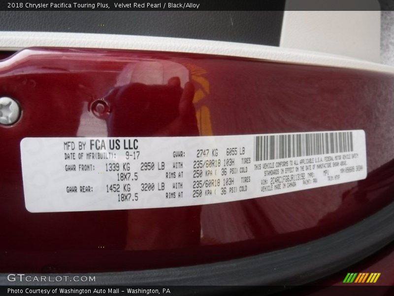 Velvet Red Pearl / Black/Alloy 2018 Chrysler Pacifica Touring Plus