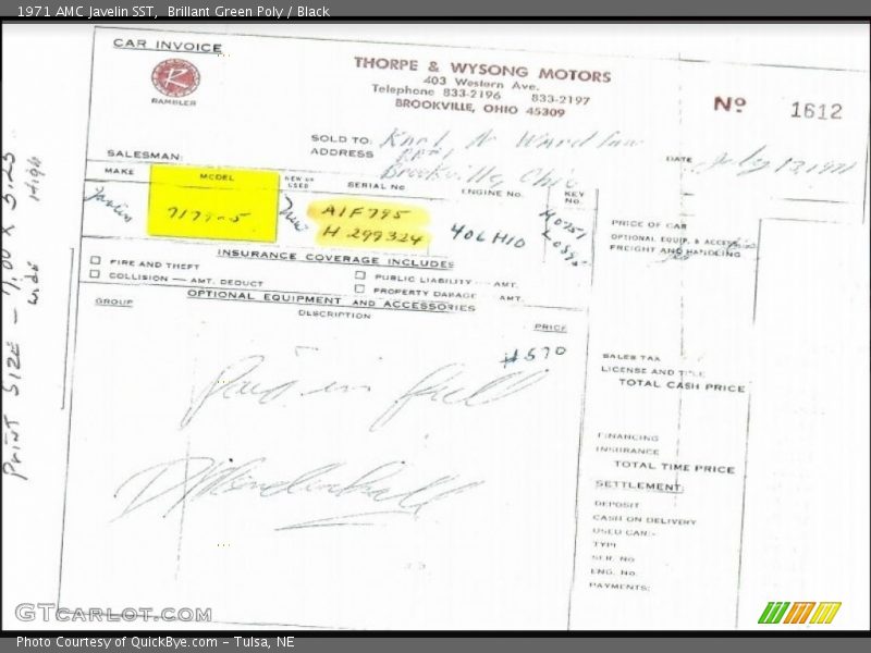 Info Tag of 1971 Javelin SST