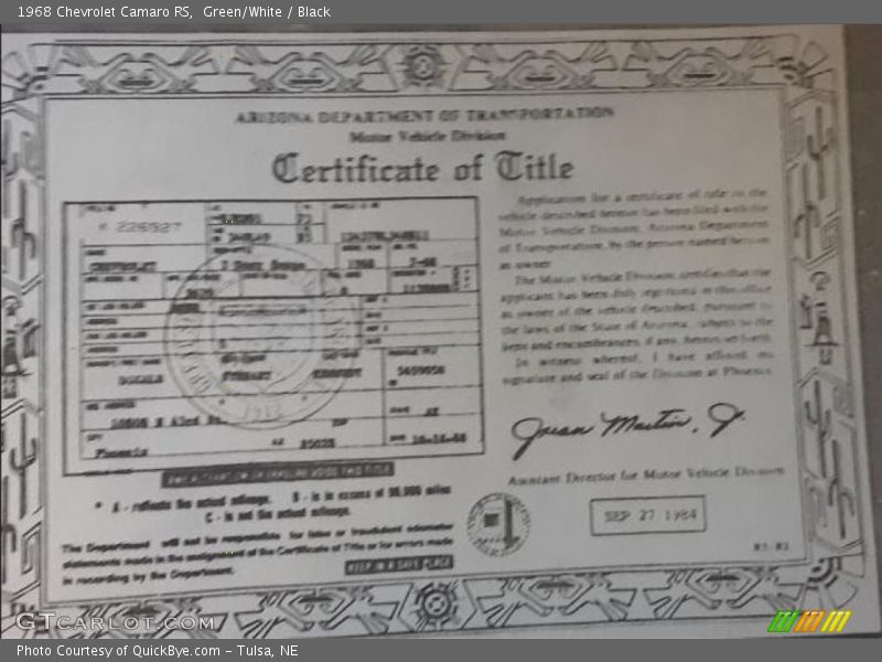 Green/White / Black 1968 Chevrolet Camaro RS