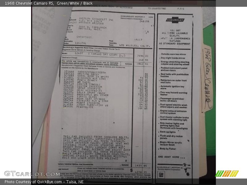 Green/White / Black 1968 Chevrolet Camaro RS