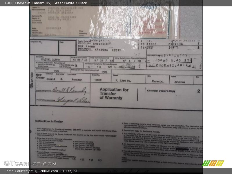 Green/White / Black 1968 Chevrolet Camaro RS