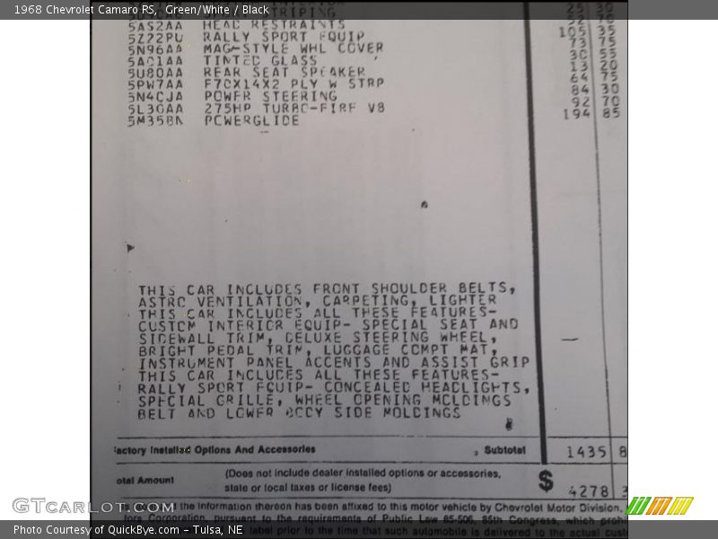 Green/White / Black 1968 Chevrolet Camaro RS