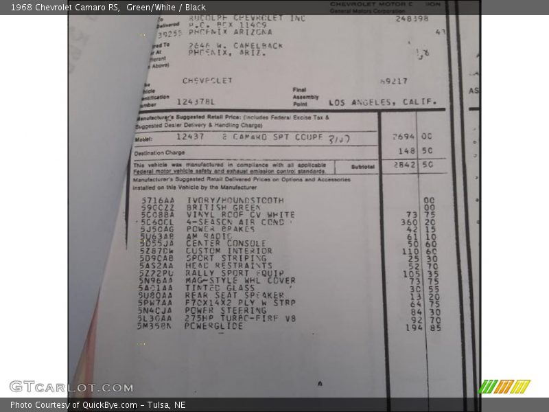 Green/White / Black 1968 Chevrolet Camaro RS