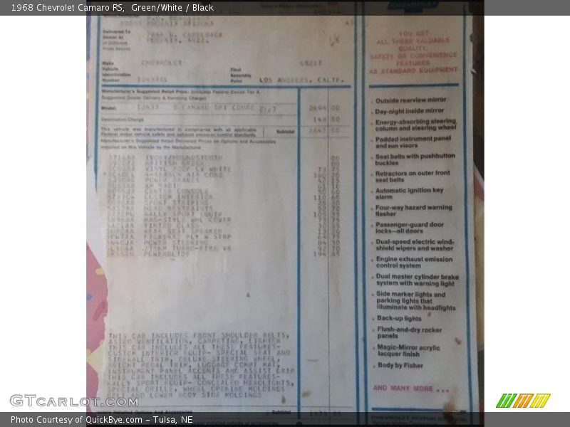 Green/White / Black 1968 Chevrolet Camaro RS